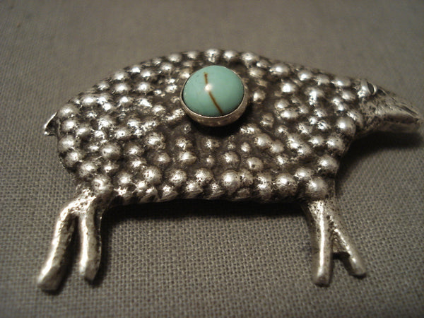 Important Vintage Navajo Tony Lovato Sheep Tufa Casted Turquoise Silver Pin