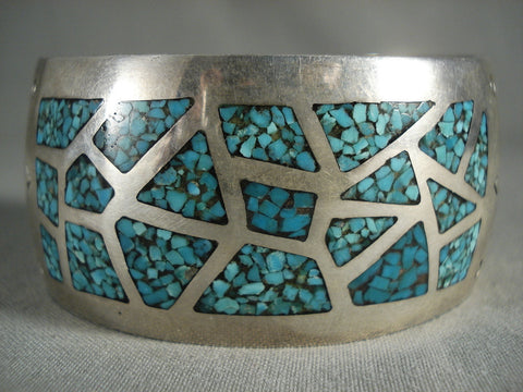 Amazing Vintage Navajo Channeled Turquoise Wall Silver Bracelet Jewelry