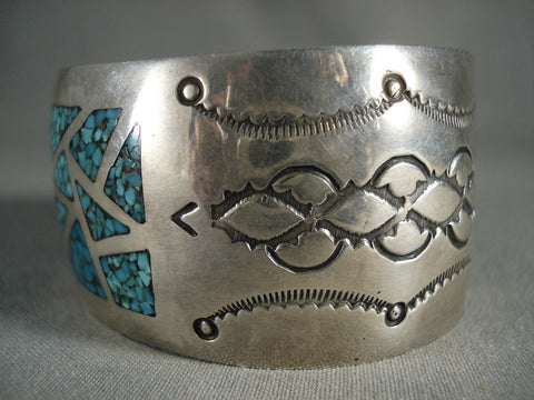 Amazing Vintage Navajo Channeled Turquoise Wall Silver Bracelet Jewelry