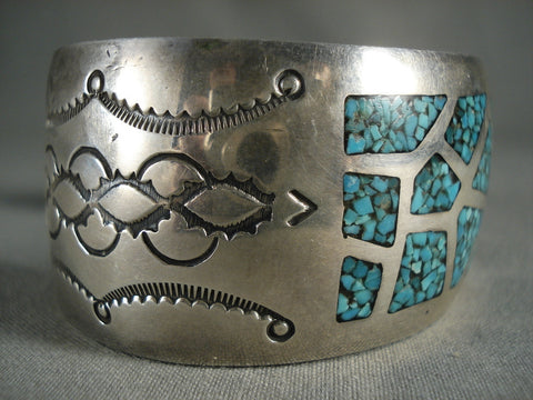 Amazing Vintage Navajo Channeled Turquoise Wall Silver Bracelet Jewelry