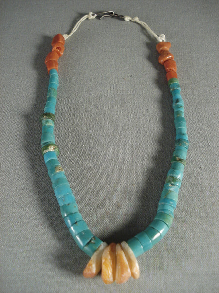 Very Early Very Old Vintage Santo Domingo Turquoise Tube Coral Silver Necklace