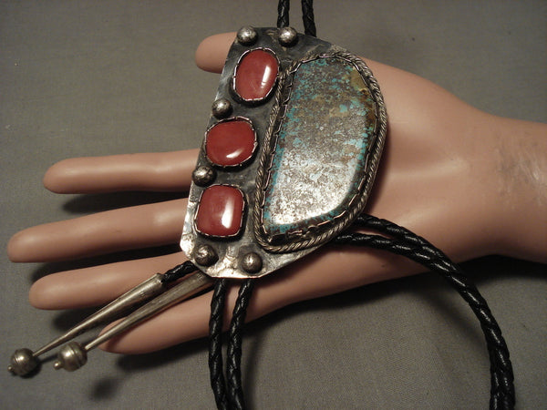 Xxl Vintage Navajo Rare Basalt Nevada Turquoise Coral Silver Bolo Tie