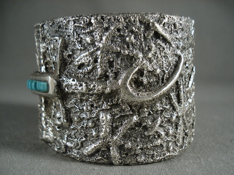 Intense And Advanced Modernistic Navajo Yei Turquoise Silver Tufa Bracelet