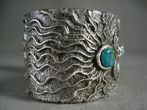 Intense And Advanced Modernistic Navajo Yei Turquoise Silver Tufa Bracelet