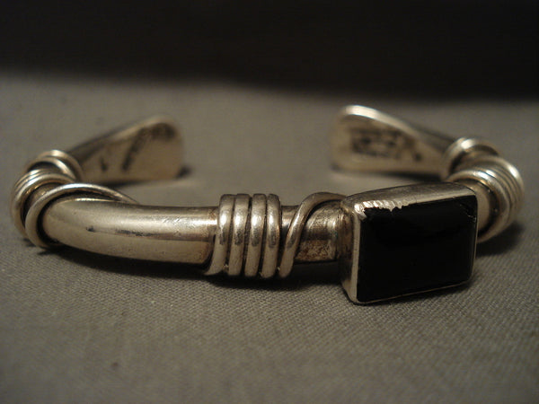Hvy And Important Vintage Navajo Orville Tsinnie Sterling Silver Onyx Bracelet