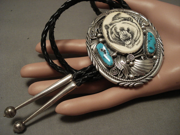 Incredibly Hand Detailed Carved Vintage Navajo Turquoise Silver Bolo Tie