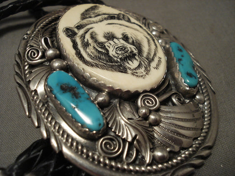 Incredibly Hand Detailed Carved Vintage Navajo Turquoise Silver Bolo Tie