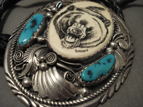 Incredibly Hand Detailed Carved Vintage Navajo Turquoise Silver Bolo Tie