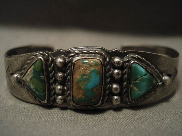 Early 1900's Vintage Navajo 'Tri Green Stone' Turquoise Silver Bracelet