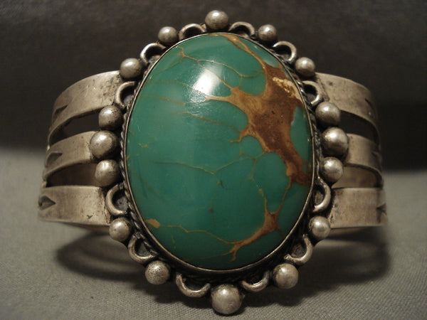 Early And Huge Vintage Navajo 'Domed Green Turquoise' Silver Bracelet