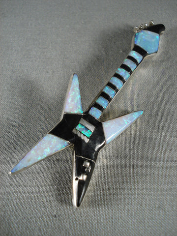 Incredible Vintage Navajo Opal And Onyx Electgric Guitar Silver Pin