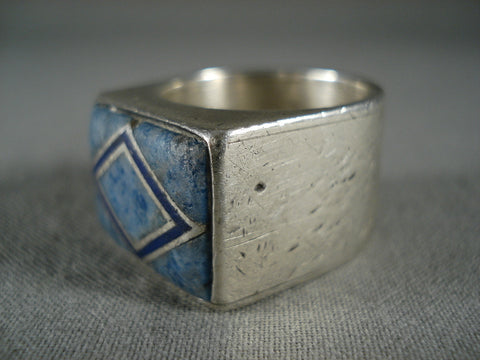 Marvelous Vintage Navajo 'Rhombus And Lapis' Silver Ring