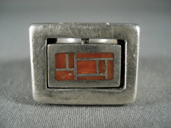 Stunning Vintage Navajo 'Rotating Coral' Silver Ring Old