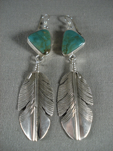 Important And Famous Navajo Natural Green Turquoise Silver Feather Earrings