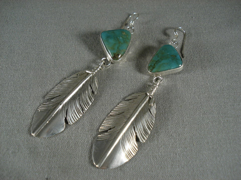 Important And Famous Navajo Natural Green Turquoise Silver Feather Earrings