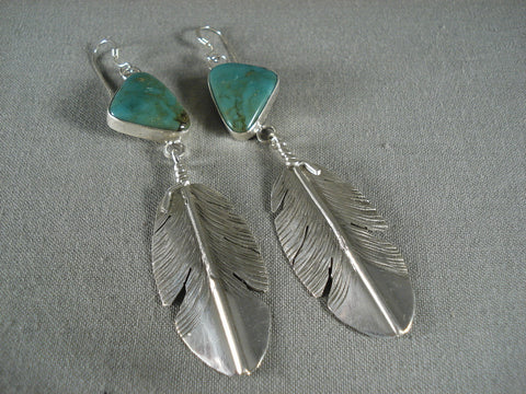 Important And Famous Navajo Natural Green Turquoise Silver Feather Earrings