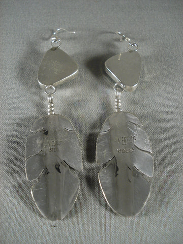 Important And Famous Navajo Natural Green Turquoise Silver Feather Earrings