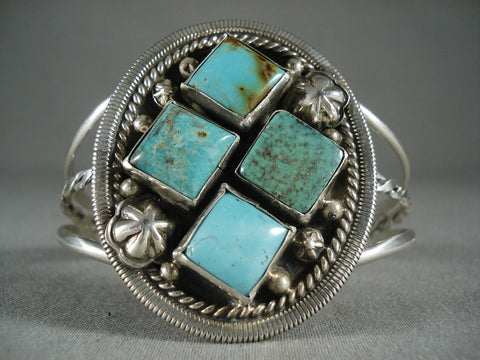 Marvelous Vintage Navajo 'Rhombus Turquoise' Silver Bracelet