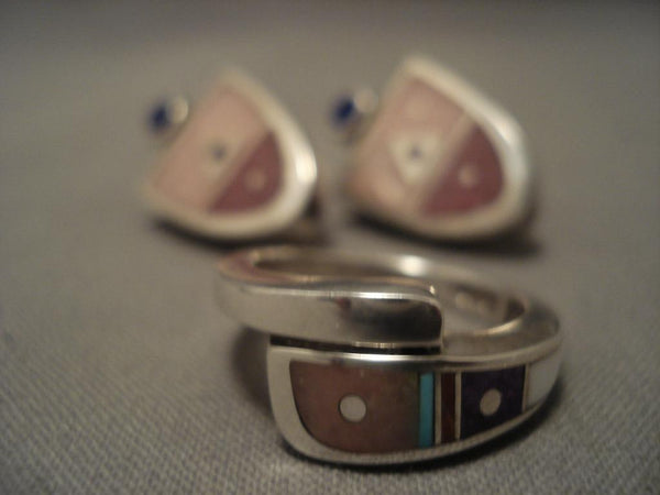 Fab Modernistic Navajo Pink Shell Turquoise Silver Ring Earrings