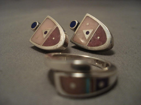 Fab Modernistic Navajo Pink Shell Turquoise Silver Ring Earrings