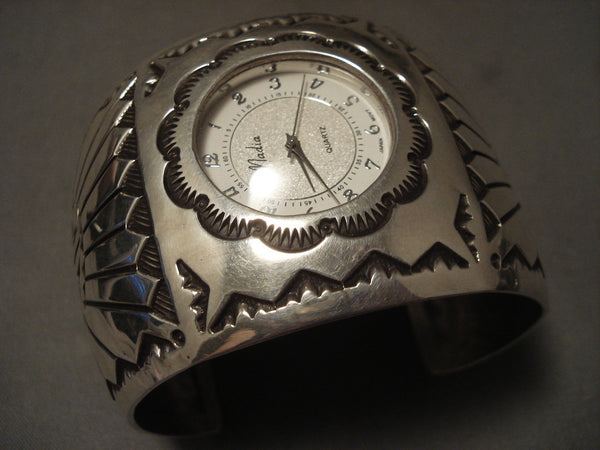 110 Grams Wide Vintage Navajo Silver Sun Watch Bracelet