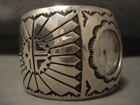 110 Grams Wide Vintage Navajo Silver Sun Watch Bracelet