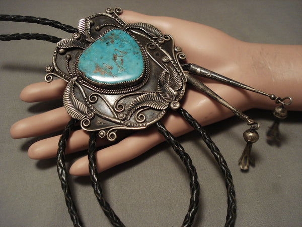 One Of The Largest Vintage Navajo Blue Turquoise Silver Bolo Tie Old