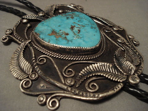 One Of The Largest Vintage Navajo Blue Turquoise Silver Bolo Tie Old