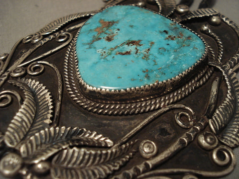 One Of The Largest Vintage Navajo Blue Turquoise Silver Bolo Tie Old