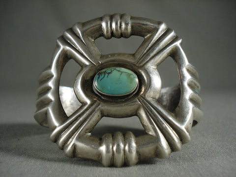 Heavy 'X Marks The Spot' Vintage Navajo Green Spider Turquoise Silver Bracelet