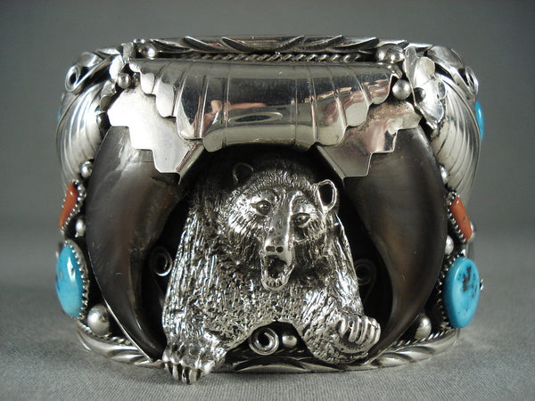 Screaming Bear Powerful Turquoise Coral Navajo Silver Bracelet