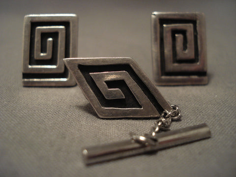 Important Old Navajo Johnny Mike Begay Silver Cufflinks & Tie Tac Set