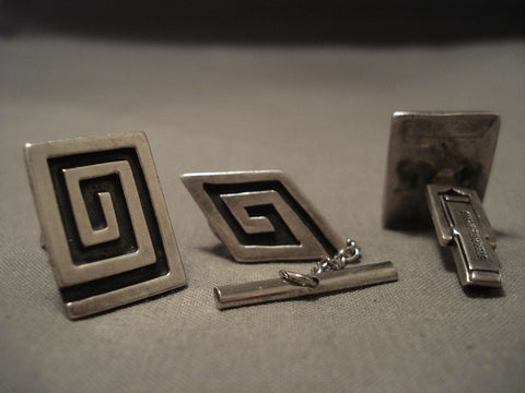Important Old Navajo Johnny Mike Begay Silver Cufflinks & Tie Tac Set