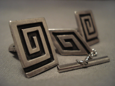Important Old Navajo Johnny Mike Begay Silver Cufflinks & Tie Tac Set