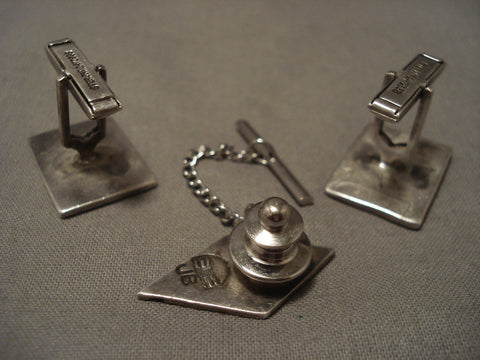 Important Old Navajo Johnny Mike Begay Silver Cufflinks & Tie Tac Set