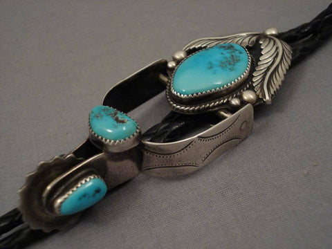 Quality Vintage Navajo 1960's Turquoise Silver Leaf Bolo Tie Old