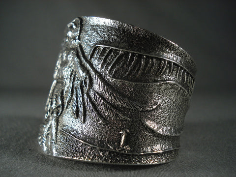 Dancing Eagle Super Heavy Navajo Silver Tufa Cast Bracelet