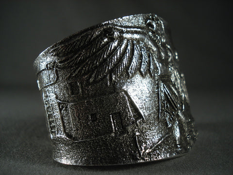 Dancing Eagle Super Heavy Navajo Silver Tufa Cast Bracelet