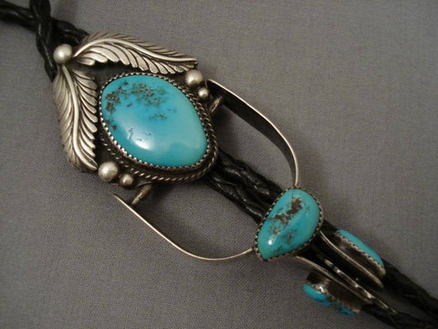 Quality Vintage Navajo 1960's Turquoise Silver Leaf Bolo Tie Old