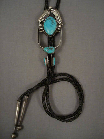 Quality Vintage Navajo 1960's Turquoise Silver Leaf Bolo Tie Old