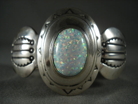 Domed Opal Vintage Navajo Silver Hammered Bracelet