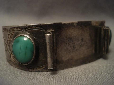 Very Old Vintage Cerrillos Turquoise Navajo Ingot Silver Watch Bracelet