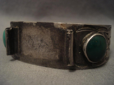 Very Old Vintage Cerrillos Turquoise Navajo Ingot Silver Watch Bracelet