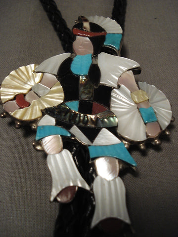 Huge Extreme Inlay Vintage Zuni Turquoise Silver Kachina Dancer Bolo Tie