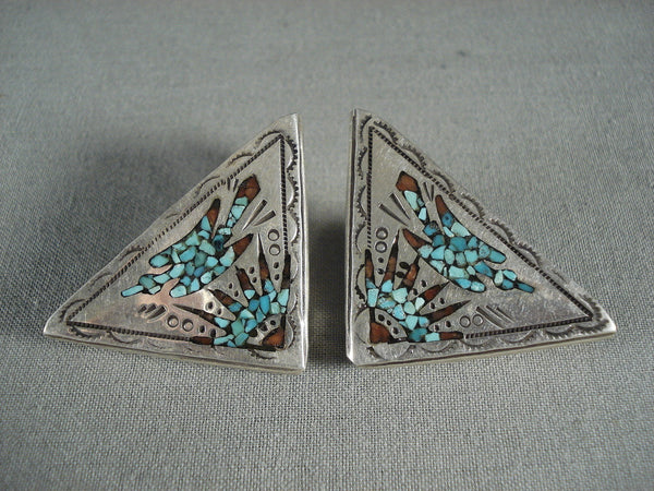 Very Rare Vintage Navajo Sterling Silver Turquoise Coral Collar Protectors