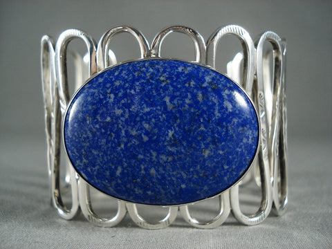 Unique!! Silver Waving Modernistic Navajo Lapis Sterling Bracelet