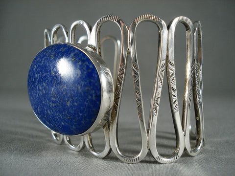 Unique!! Silver Waving Modernistic Navajo Lapis Sterling Bracelet