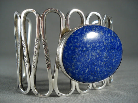 Unique!! Silver Waving Modernistic Navajo Lapis Sterling Bracelet