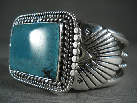 Intense Dotted Turquoise Vintage Navajo 'Squared' Silver Bracelet