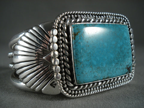 Intense Dotted Turquoise Vintage Navajo 'Squared' Silver Bracelet
